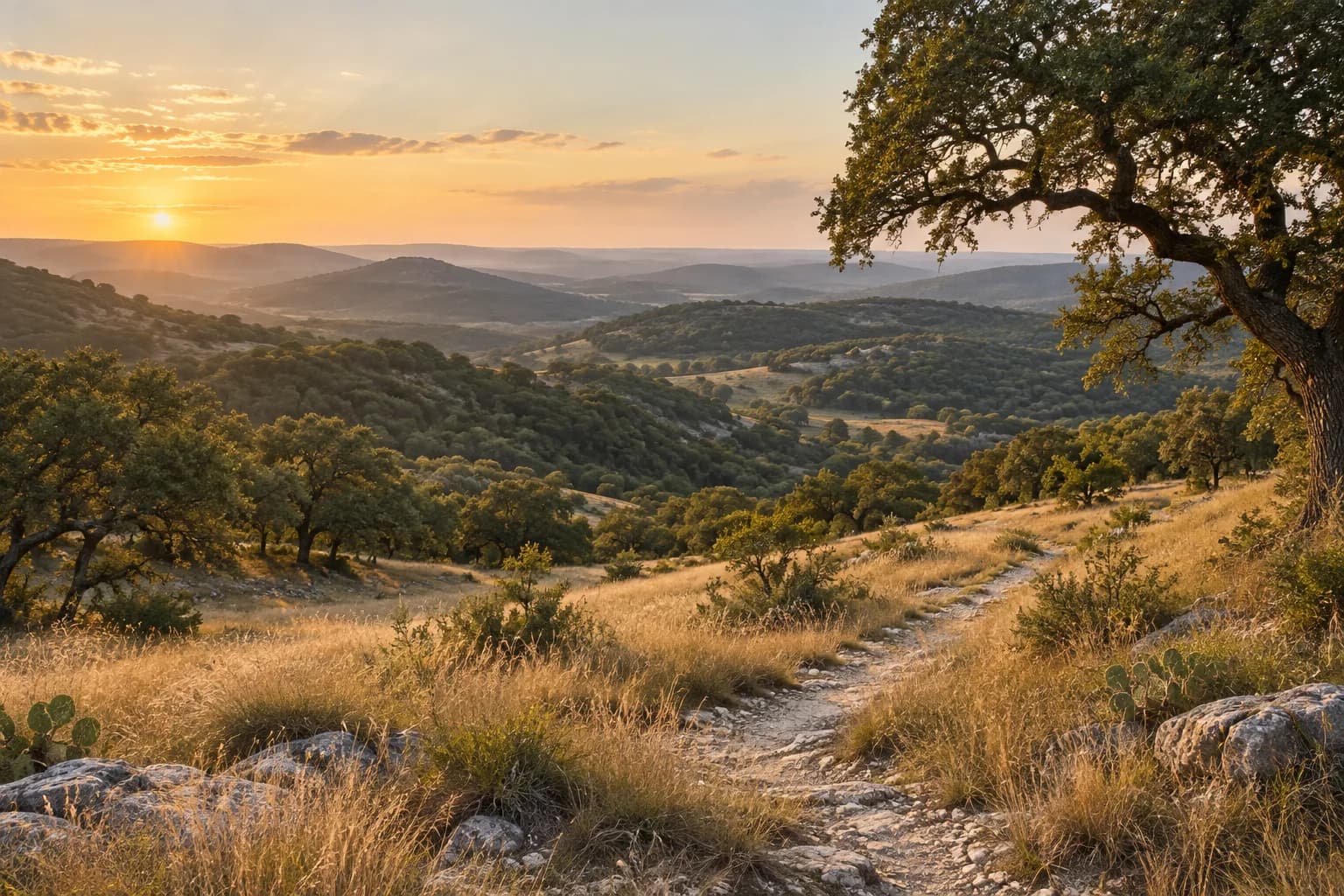 Illustrative golden-hour Hill Country landscape with a limestone path, live oak and layered hills